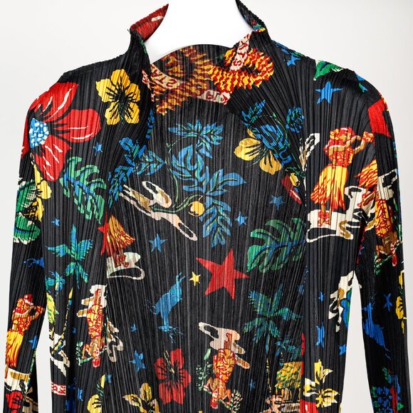 Pleats Please Issey Miyake Hawaii Motif Black Fringe-Hem Cardigan, Size XL - Picture 3 of 9